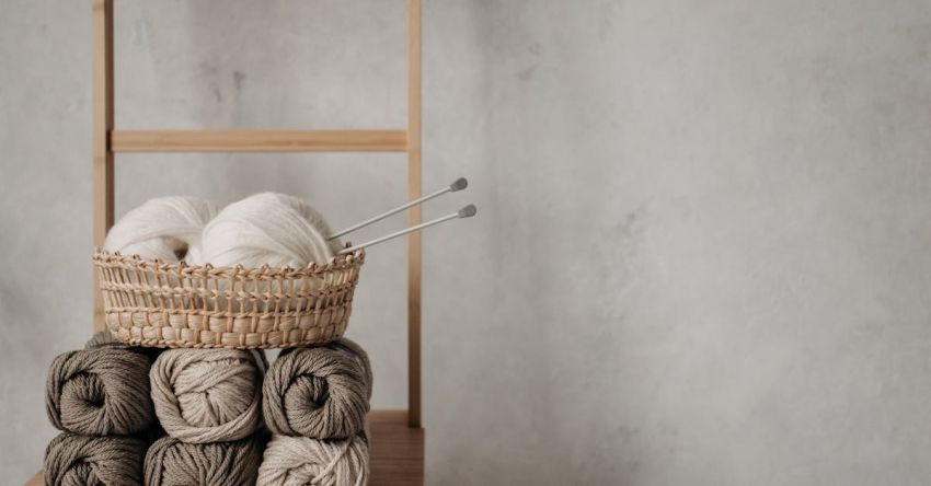 Basket Weaving - Woven Basket With Yarn Rolls on Brown Wooden Table